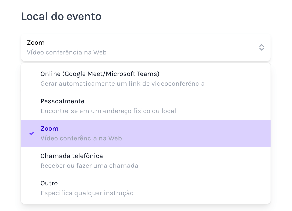 Selecionar local do evento conta zoom com KalendMe