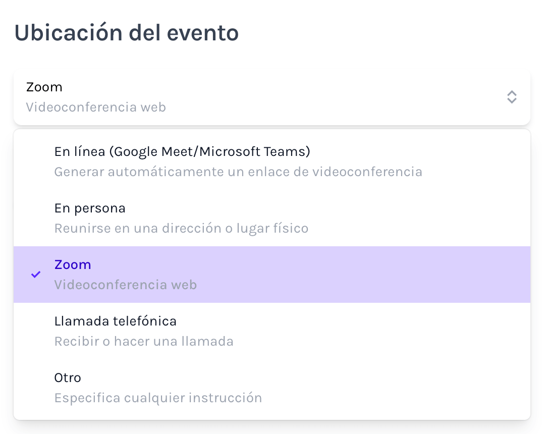 Selecciona zoom como la ubicación del evento con KalendMe